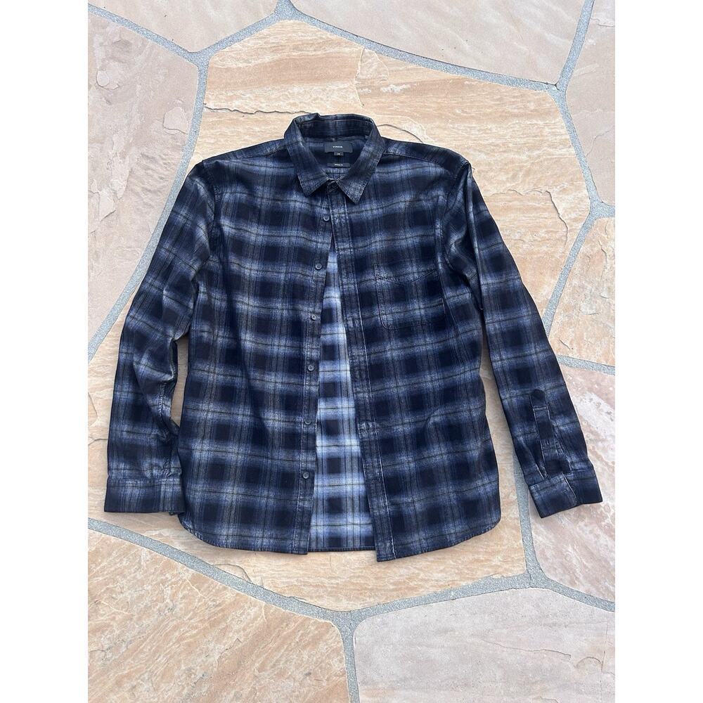 VINCE men's cotton long Sleeve button-up shirt Size Large Blue Black Plaid